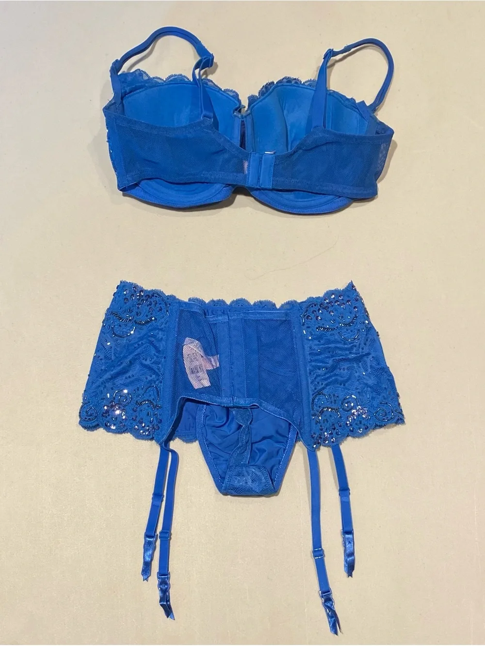 Victoria's Secret Very Sexy Lace Embellished Blue Lingerie Set, size 36D / L